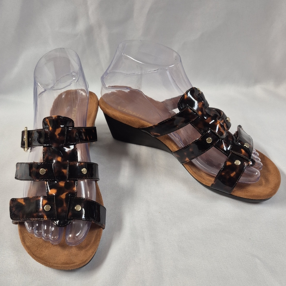 Vionic Radia Brown Tortoise Shell Wedge Slide Sandals Adjustable Straps US 6